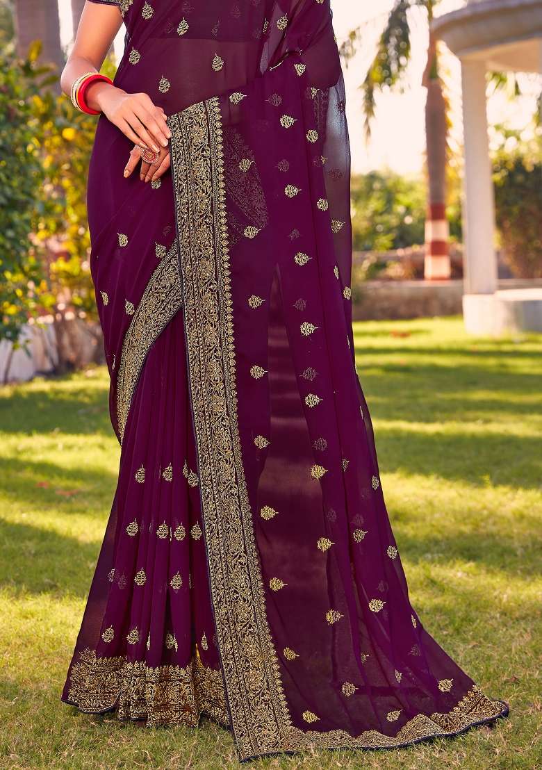 Wine Georgette Saree Set with Zari Work for Diwali | Wedding & Festive Wear - Indya