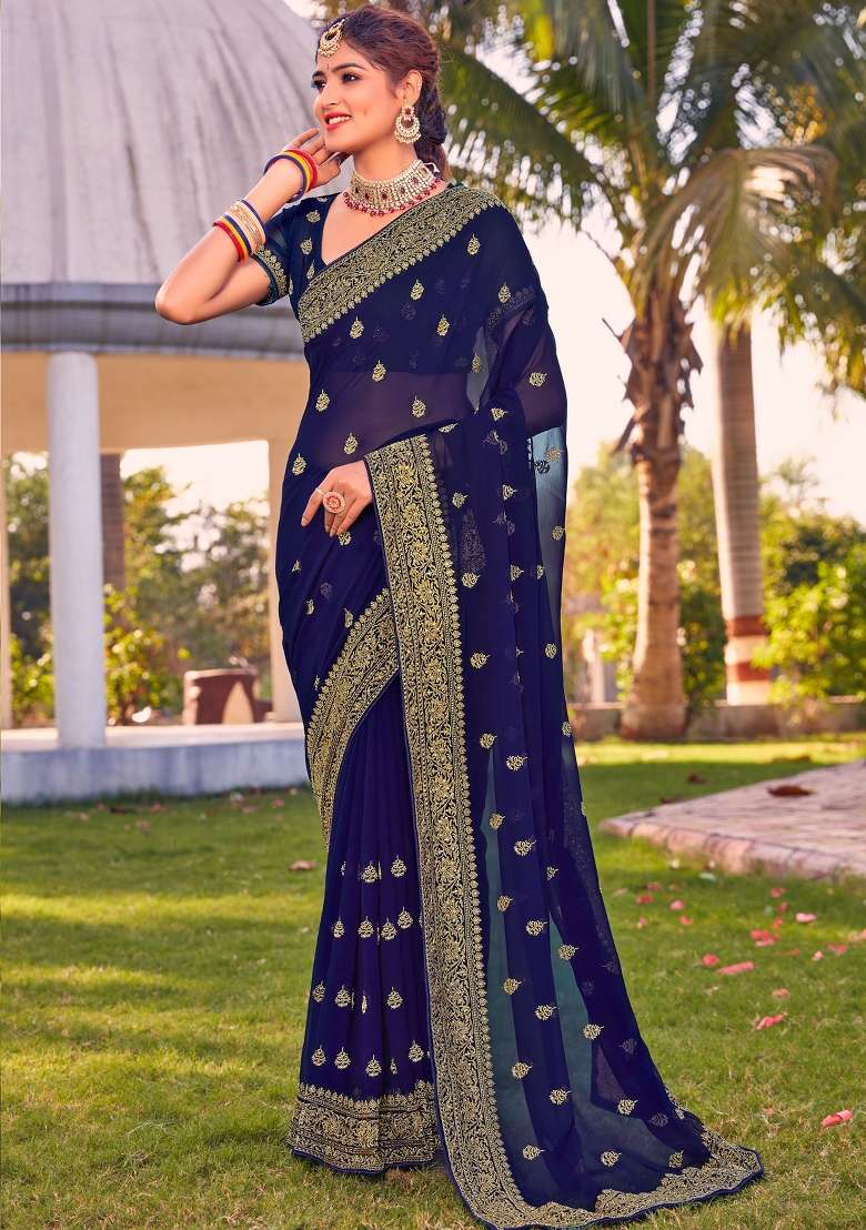 Navy Blue Zari Work Georgette Saree Set for Diwali and Festive Wear - Indya