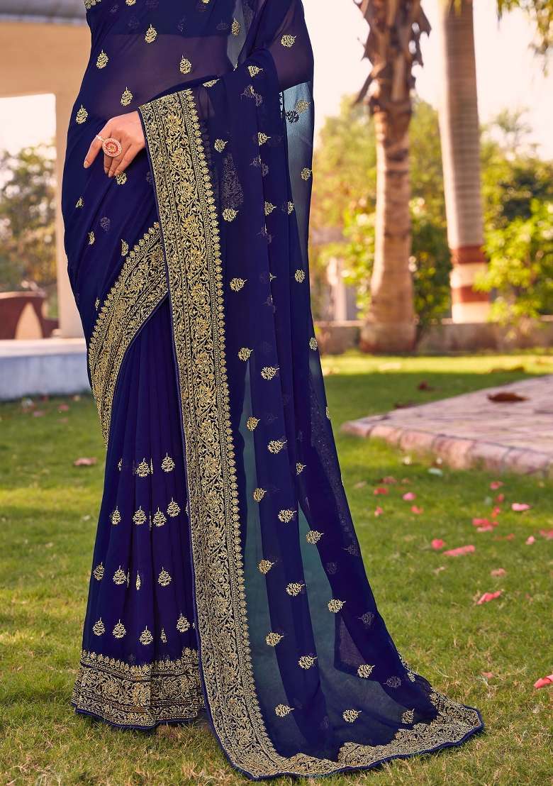 Navy Blue Zari Work Georgette Saree Set for Diwali and Festive Wear - Indya