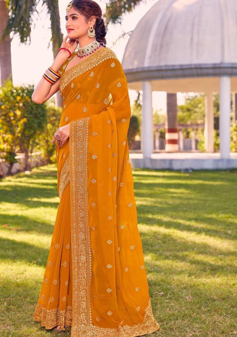 Mustrad Georgette Saree Set with Zari Work for Diwali | Wedding & Festive Wear - Indya