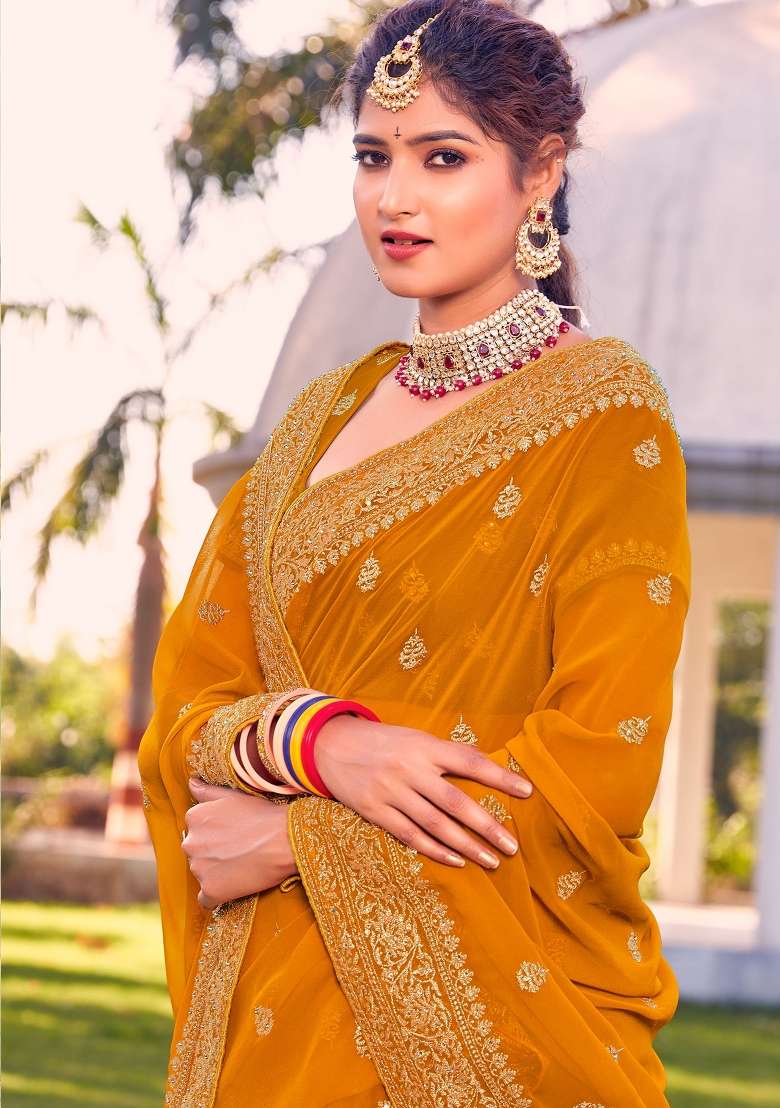 Mustrad Georgette Saree Set with Zari Work for Diwali | Wedding & Festive Wear - Indya