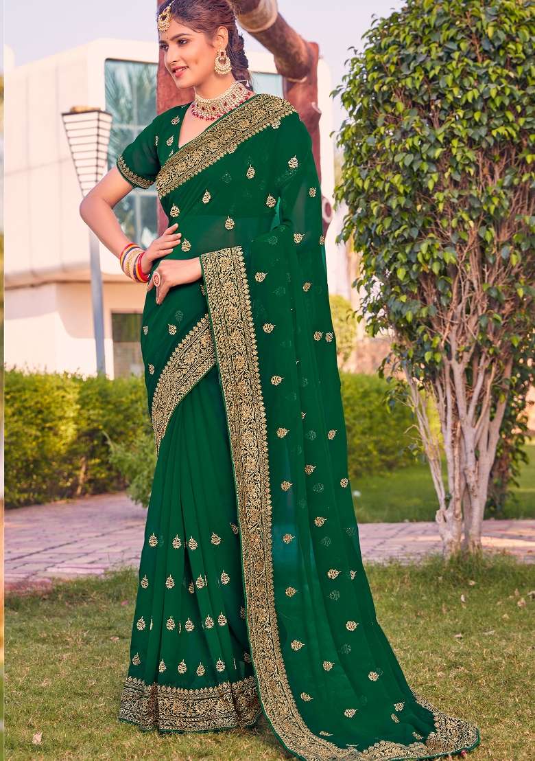 Bottel Green Georgette Saree Set with Zari Work for Diwali | Wedding & Festive Wear - Indya