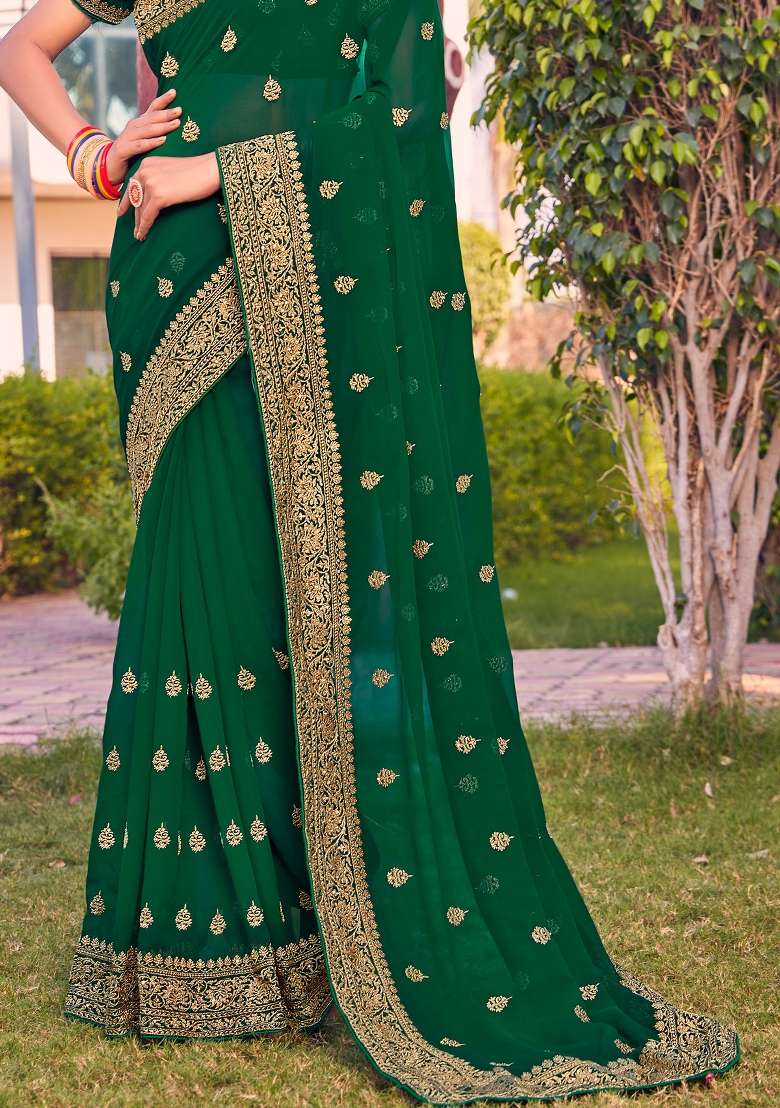 Bottel Green Georgette Saree Set with Zari Work for Diwali | Wedding & Festive Wear - Indya