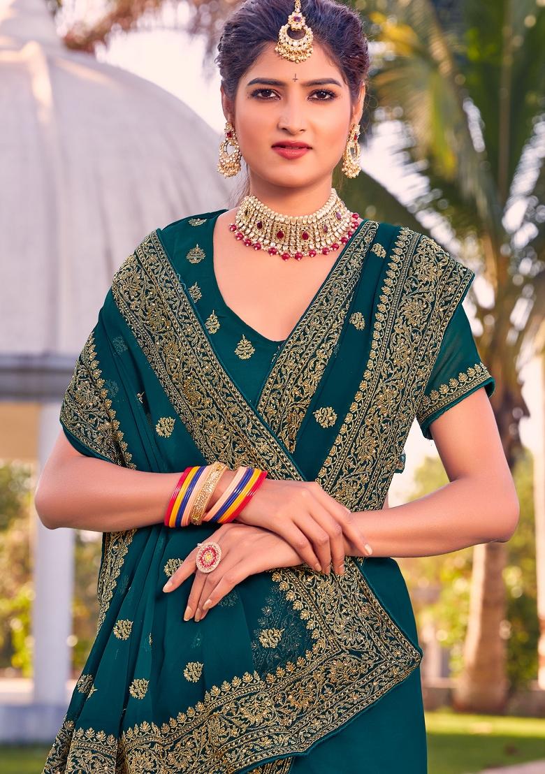 Teal Blue Zari Work Georgette Saree Set - Indya