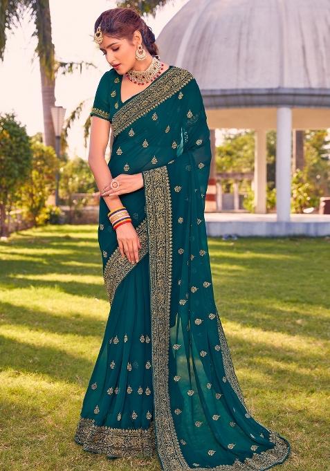 Teal Blue Zari Work Georgette Saree Set