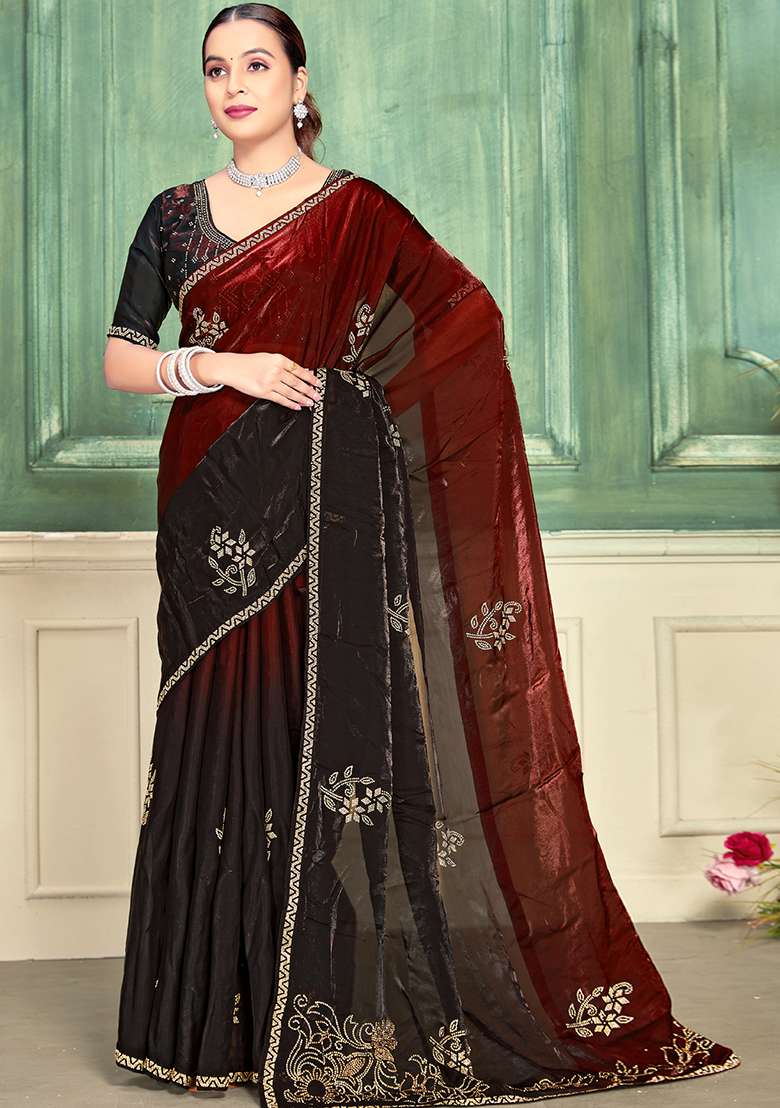 Maroon Silk Blend Saree Set with Zari Work for Diwali | Wedding & Festive Wear - Indya