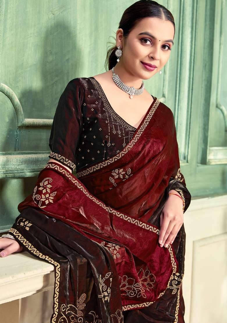 Maroon Silk Blend Saree Set with Zari Work for Diwali | Wedding & Festive Wear - Indya