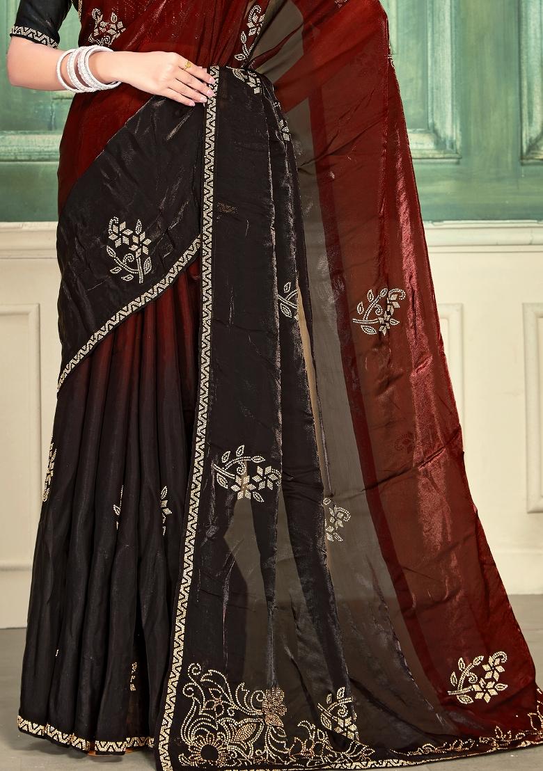Maroon Zari Work Silk Saree Set - Indya