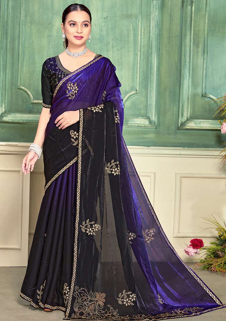 Purple Zari Work Silk Blend Saree Set for Diwali and Festive Wear - Indya
