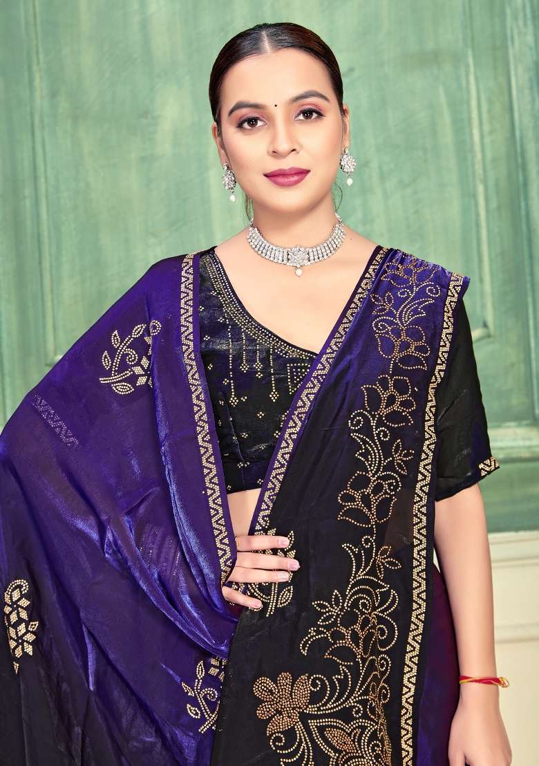 Purple Zari Work Silk Blend Saree Set for Diwali and Festive Wear - Indya