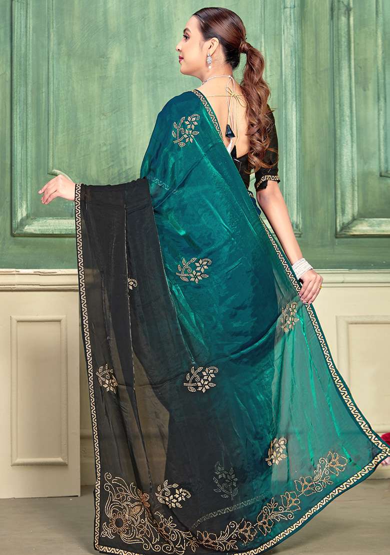 Teal Silk Blend Saree Set with Zari Work for Diwali | Wedding & Festive Wear - Indya