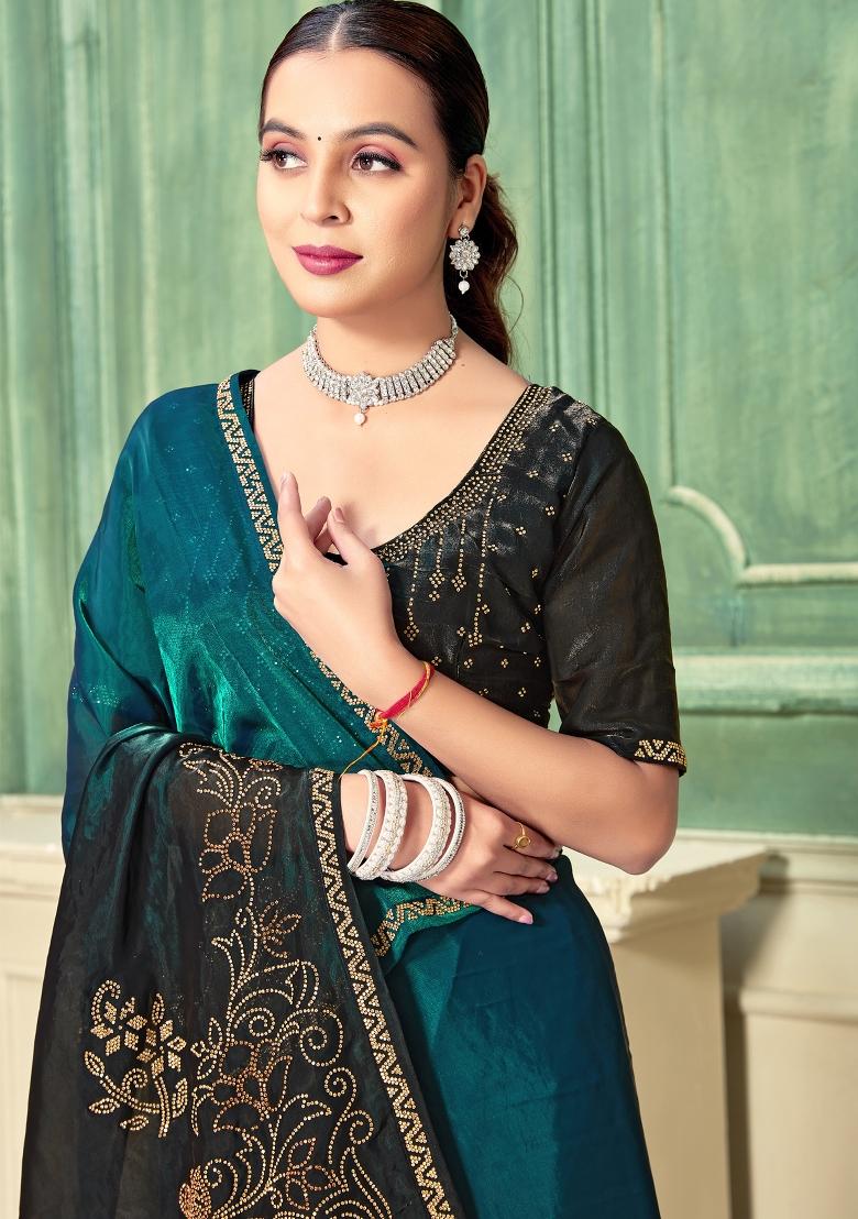 Teal Zari Work Silk Saree Set - Indya