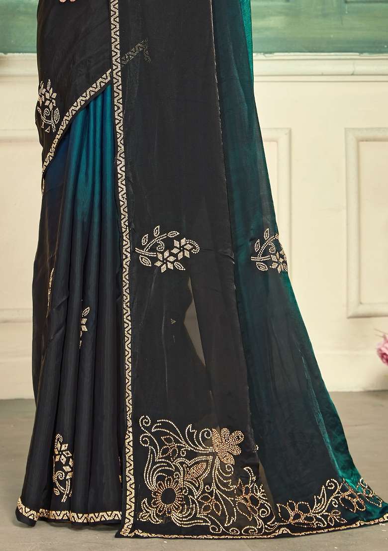 Teal Silk Blend Saree Set with Zari Work for Diwali | Wedding & Festive Wear - Indya
