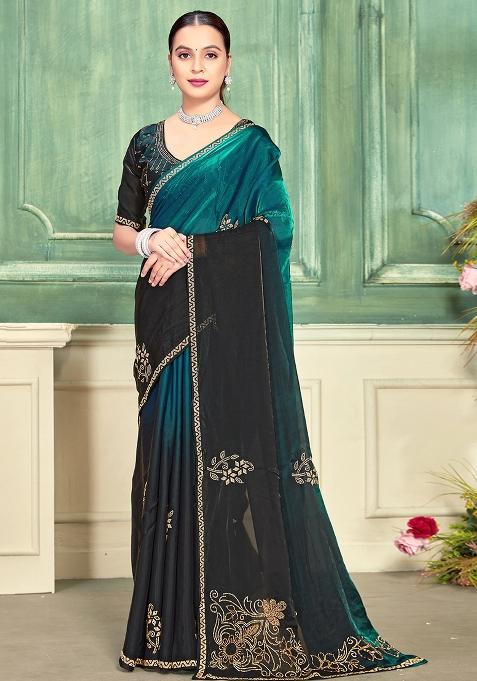 Teal Zari Work Silk Saree Set