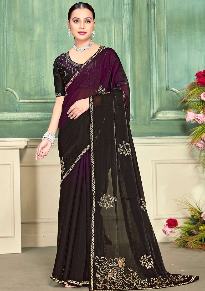 Wine Silk Blend Saree Set with Zari Work for Diwali | Wedding & Festive Wear - Indya