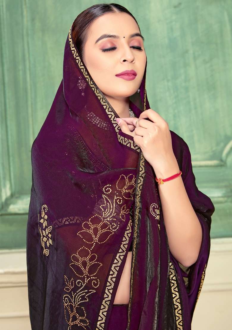 Wine Silk Blend Saree Set with Zari Work for Diwali | Wedding & Festive Wear - Indya