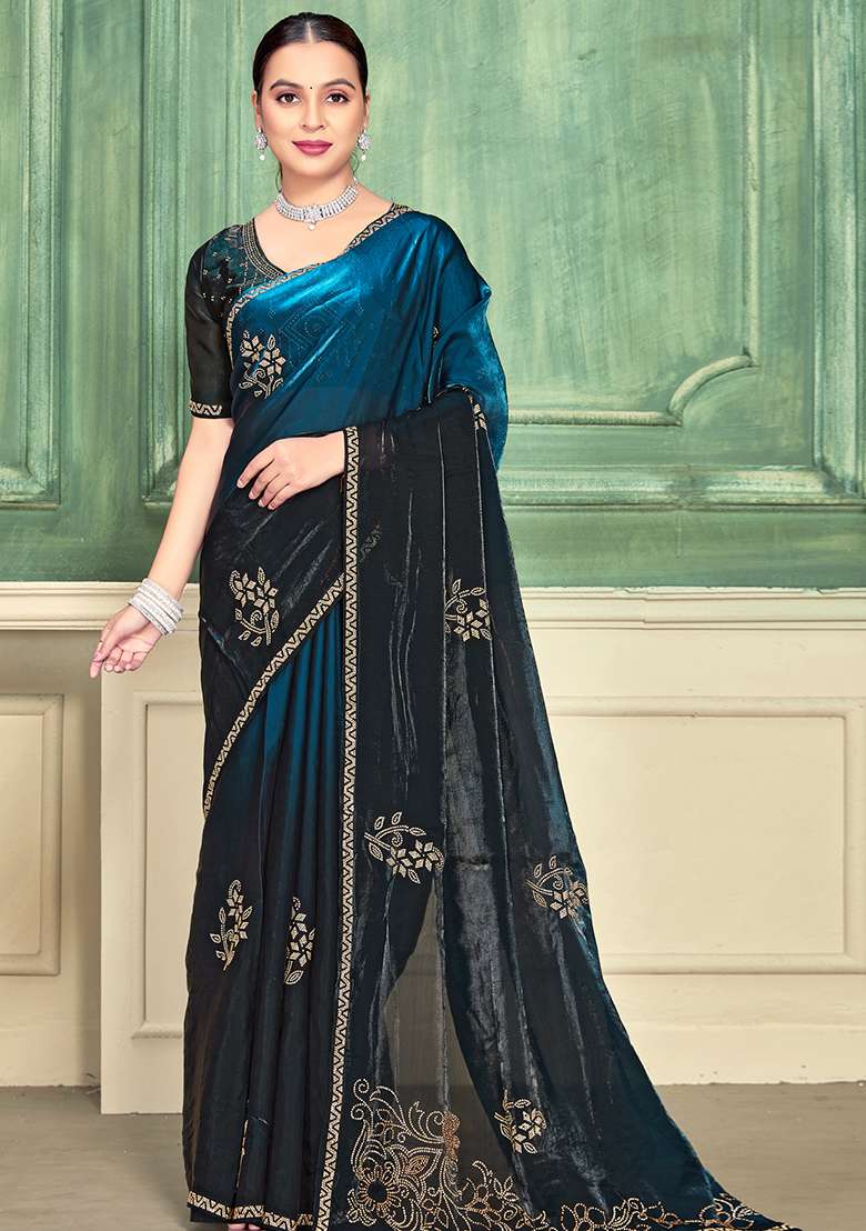 Teal Blue Silk Blend Saree Set with Zari Work for Diwali | Wedding & Festive Wear - Indya