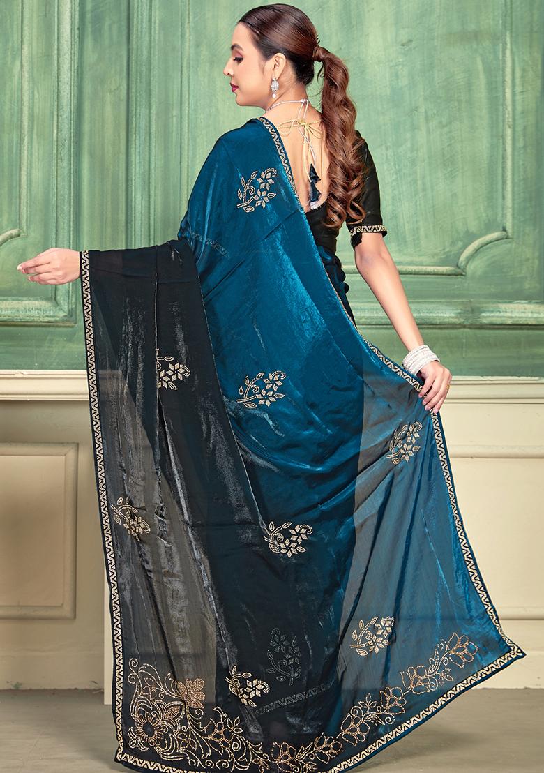 Teal Blue Zari Work Silk Saree Set - Indya