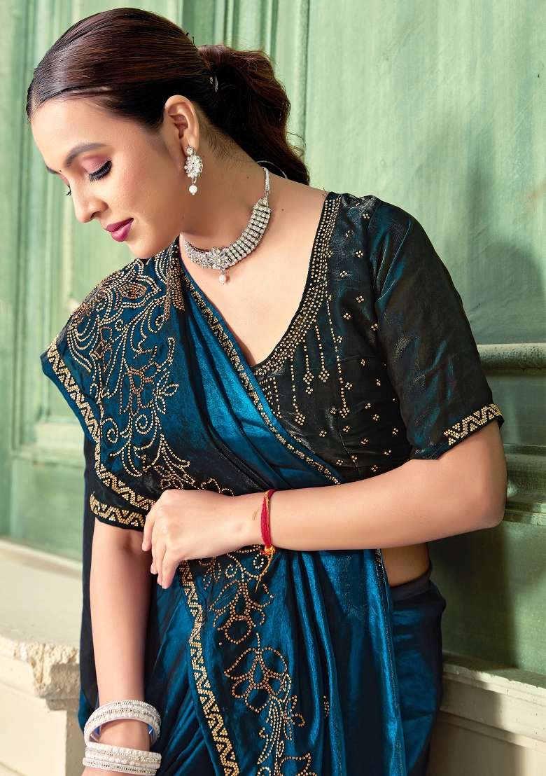 Teal Blue Silk Blend Saree Set with Zari Work for Diwali | Wedding & Festive Wear - Indya