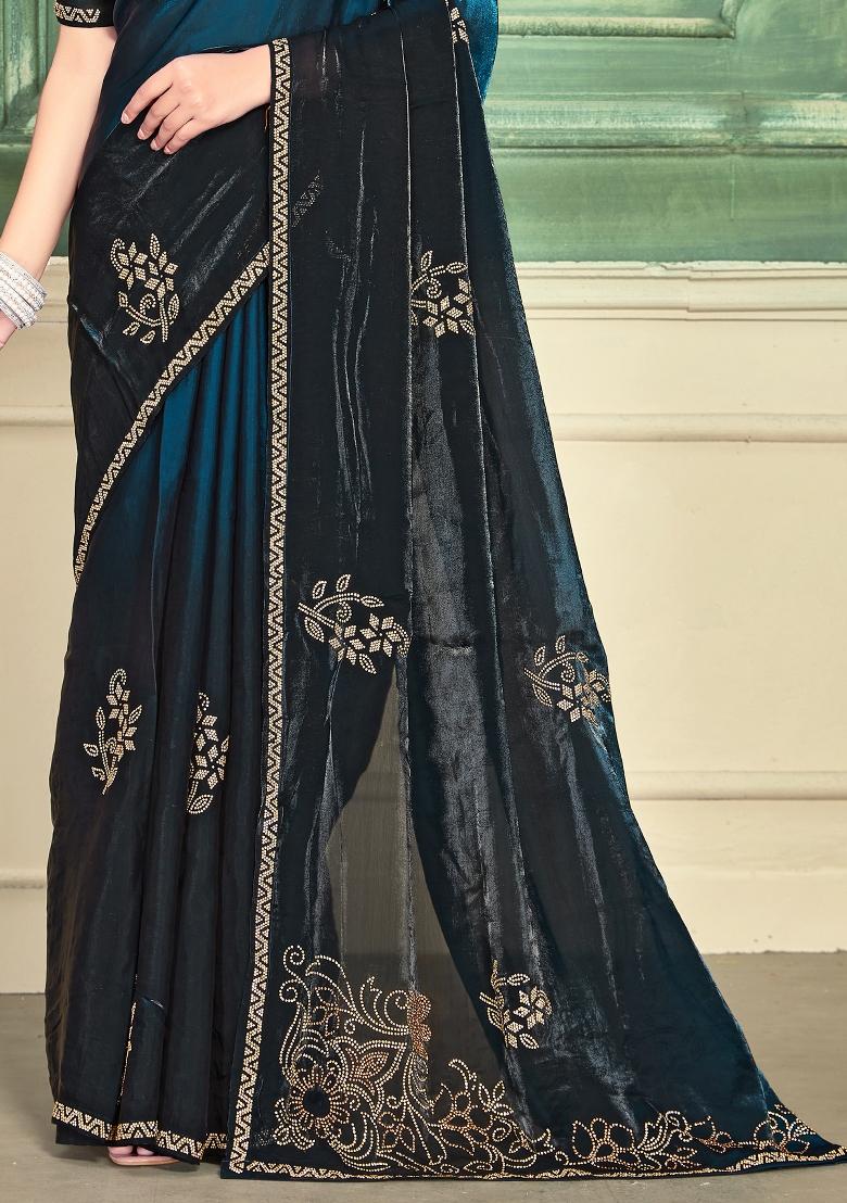 Teal Blue Zari Work Silk Saree Set - Indya