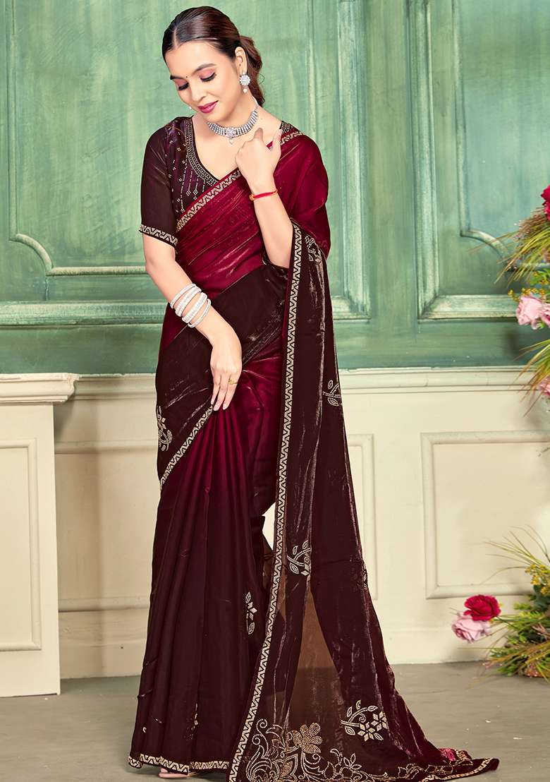 Magenta Zari Work Silk Blend Saree Set for Diwali and Festive Wear - Indya