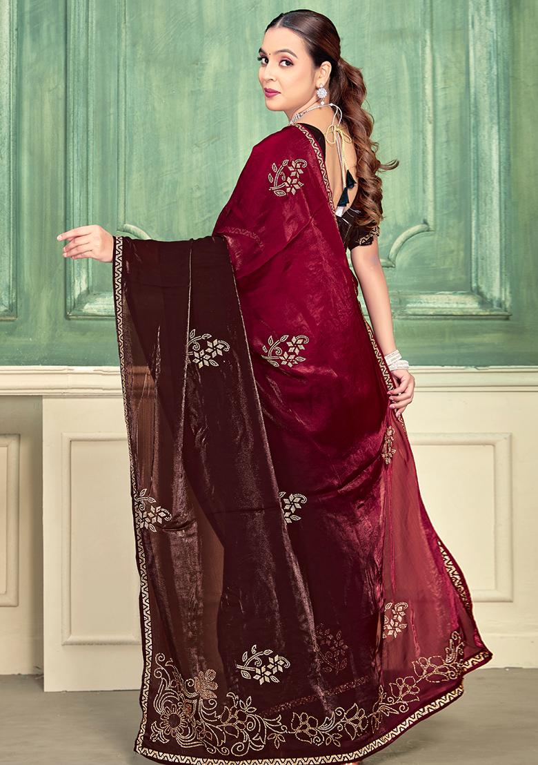 Magenta Zari Work Silk Saree Set - Indya