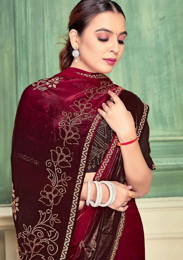 Magenta Zari Work Silk Blend Saree Set for Diwali and Festive Wear - Indya