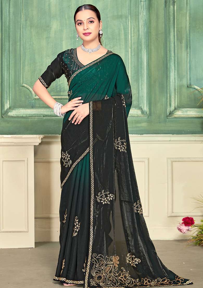 Green Zari Work Silk Blend Saree Set for Diwali and Festive Wear - Indya