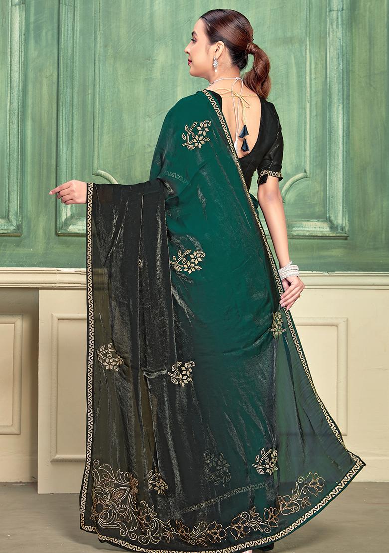 Green Zari Work Silk Saree Set - Indya