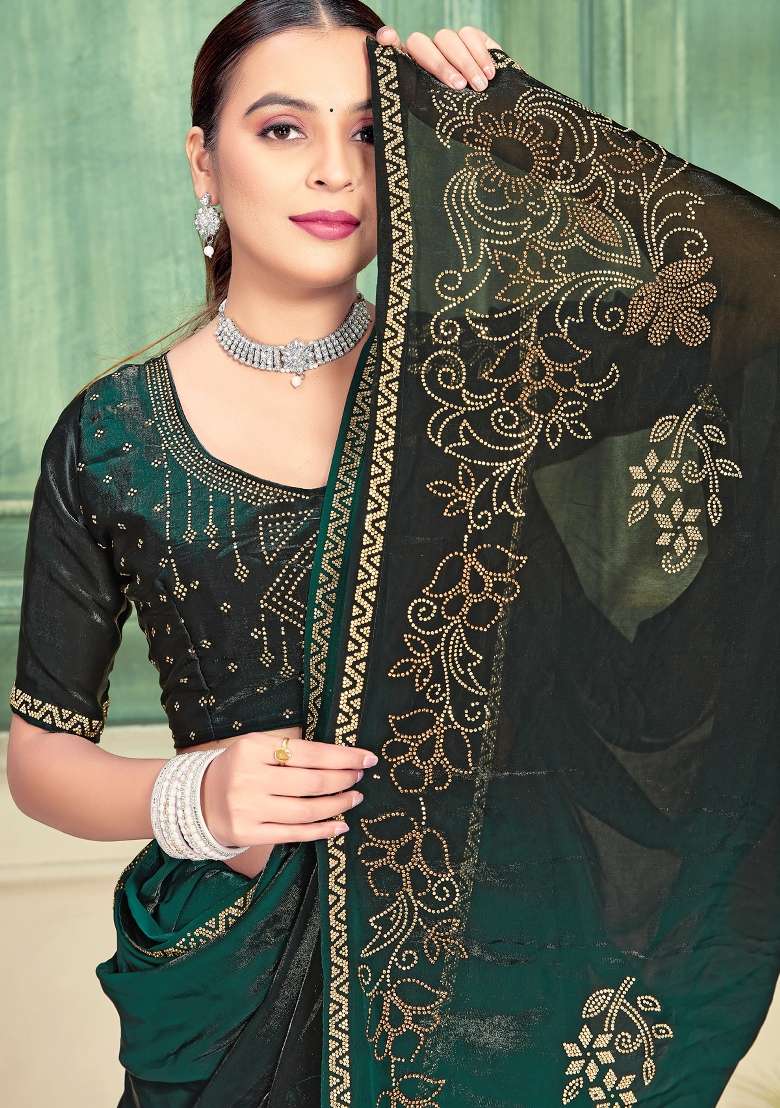 Green Zari Work Silk Blend Saree Set for Diwali and Festive Wear - Indya