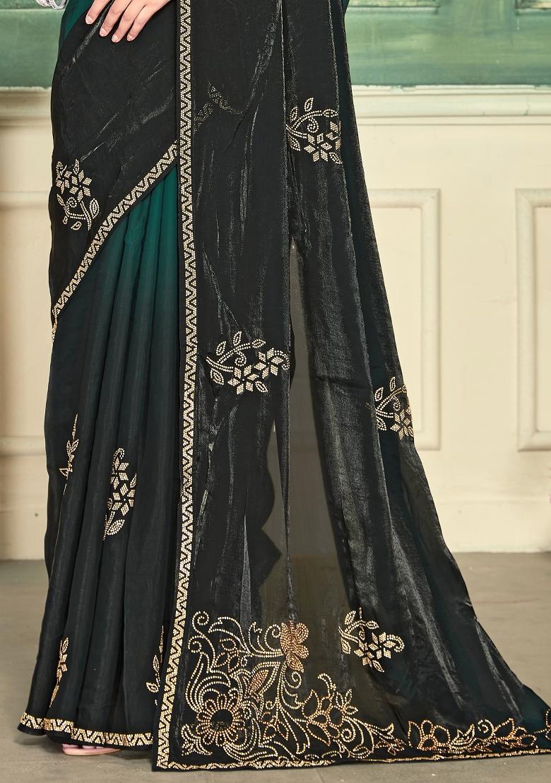 Green Zari Work Silk Saree Set - Indya