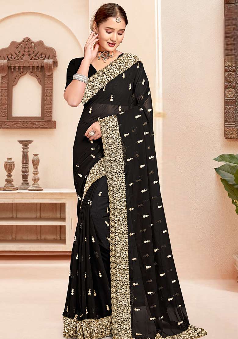 Black Georgette Saree Set with Zari Work for Diwali | Wedding & Festive Wear - Indya
