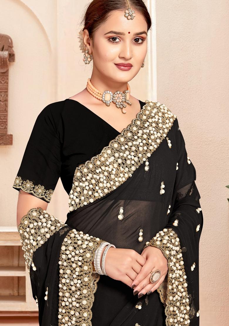 Black Zari Work Georgette Saree Set - Indya