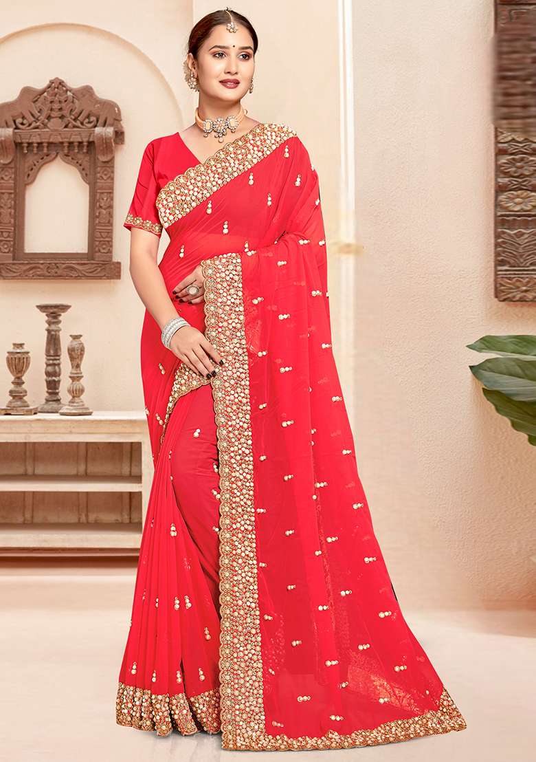 Pink Georgette Saree Set with Zari Work for Diwali | Wedding & Festive Wear - Indya