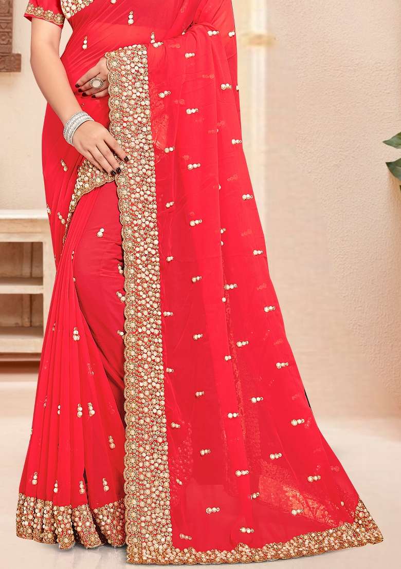 Pink Georgette Saree Set with Zari Work for Diwali | Wedding & Festive Wear - Indya