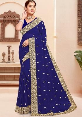 Navy Blue Zari Work Georgette Saree Set