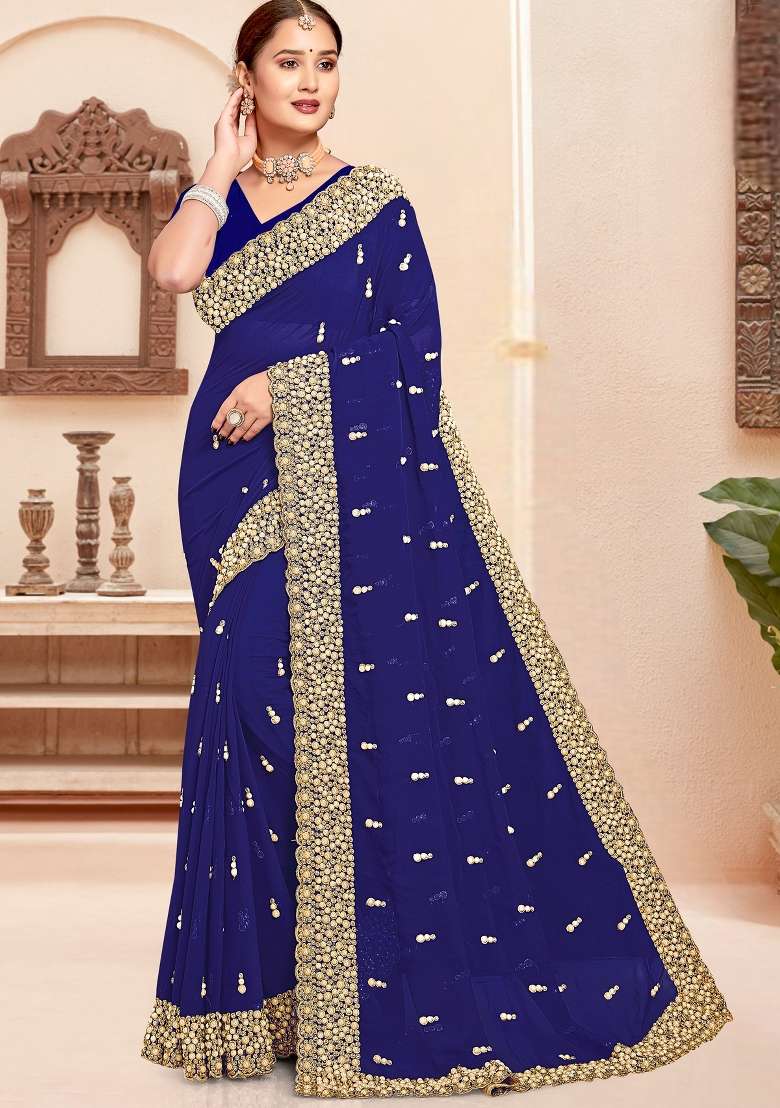 Navy Blue Zari Work Georgette Saree Set for Diwali and Festive Wear - Indya