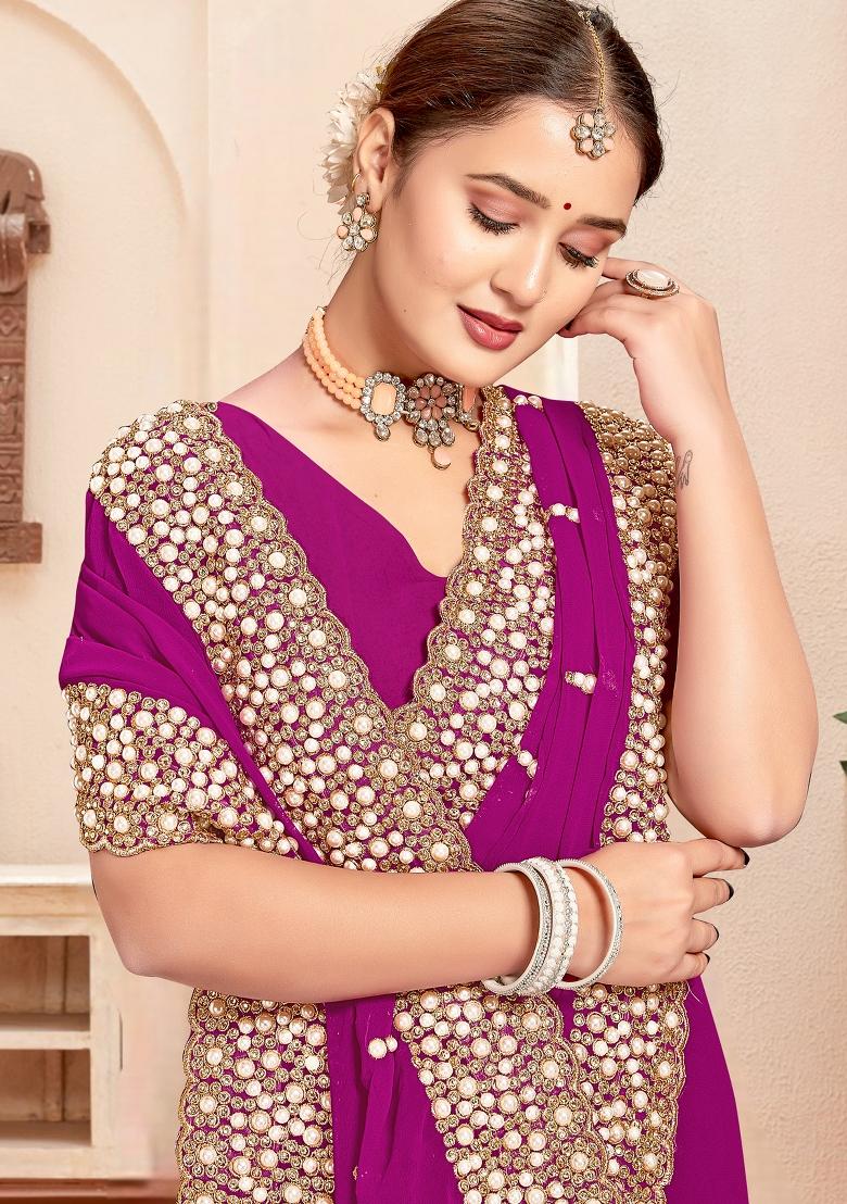 Wine Zari Work Georgette Saree Set - Indya