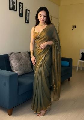 Teal And Copper Lace Work Shimmer Saree