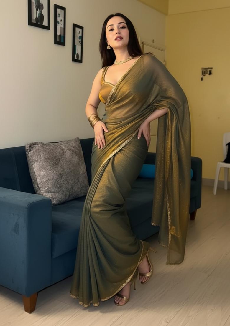 Teal And Copper Lace Work Shimmer Saree - Indya