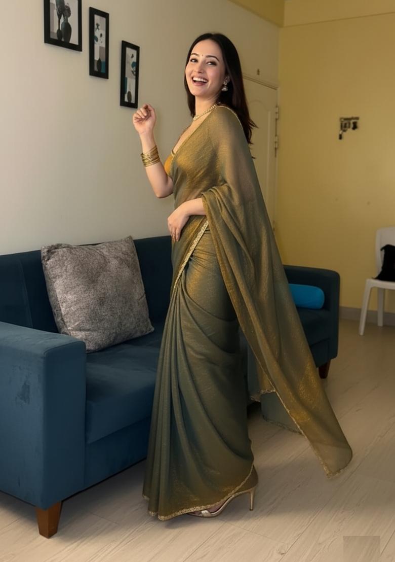 Teal And Copper Lace Work Shimmer Saree - Indya