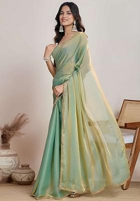 Green Lace Work Shimmer Saree