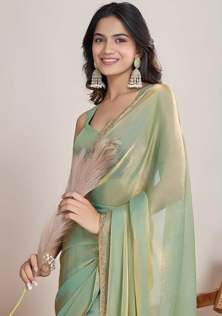 Green Lace Work Shimmer Saree - Indya