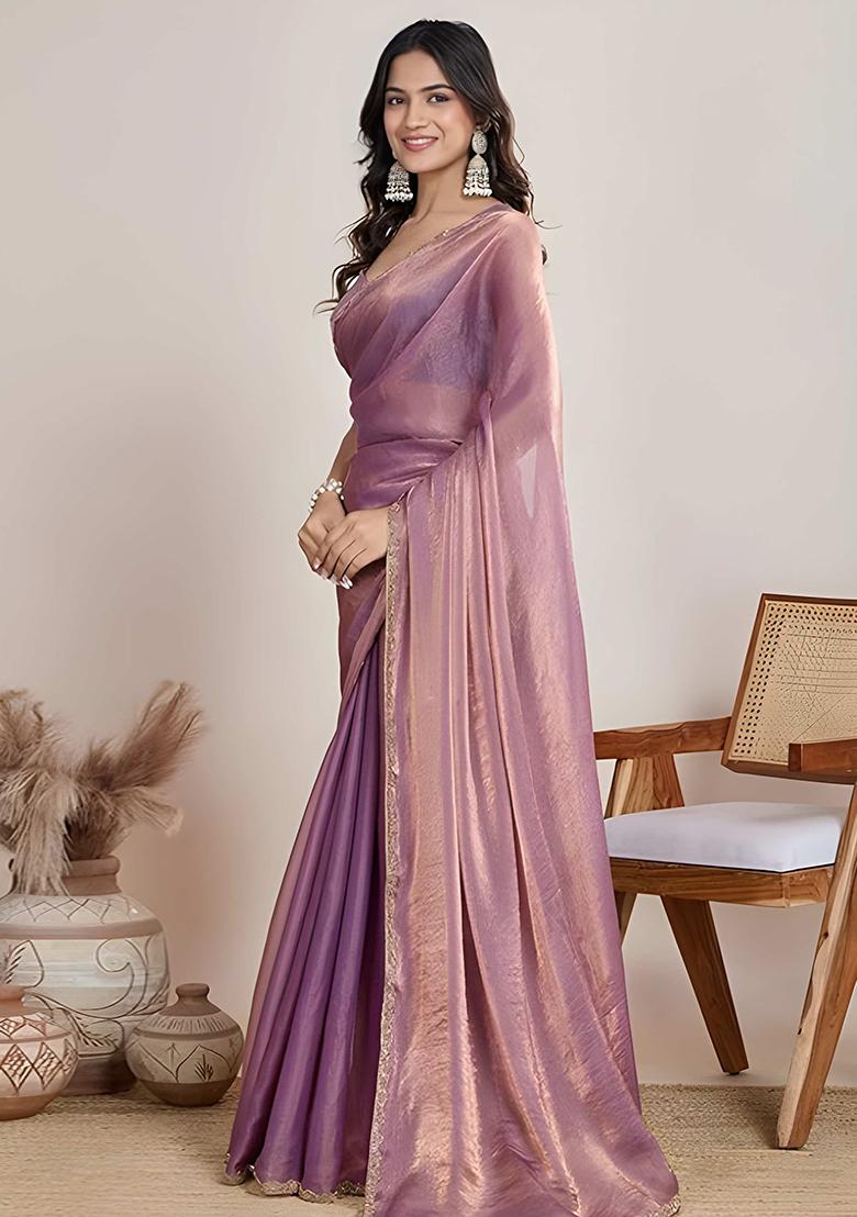 Light Purple Lace Work Shimmer Saree - Indya