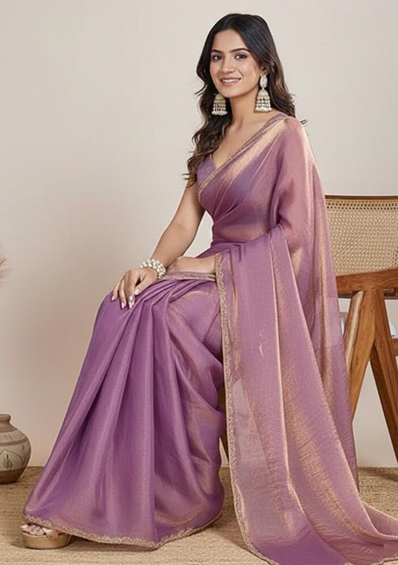 Light Purple Lace Work Shimmer Saree - Indya