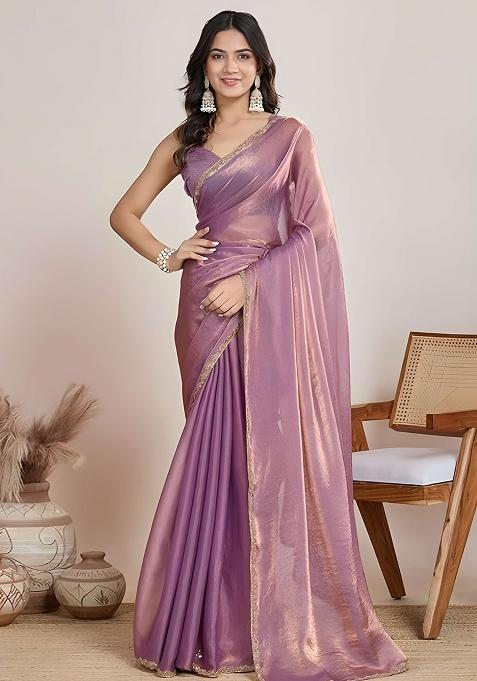 Light Purple Lace Work Shimmer Saree