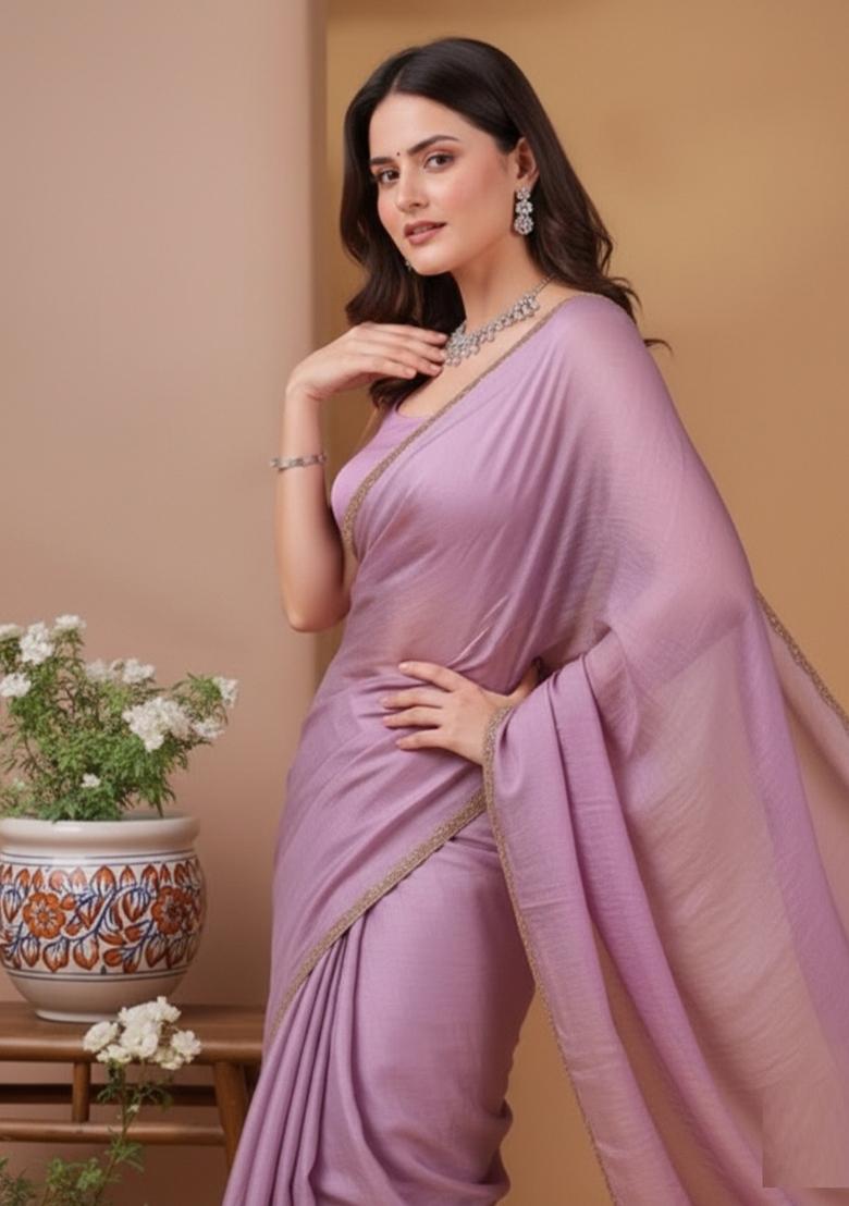 Purple Lace Work Shimmer Saree - Indya