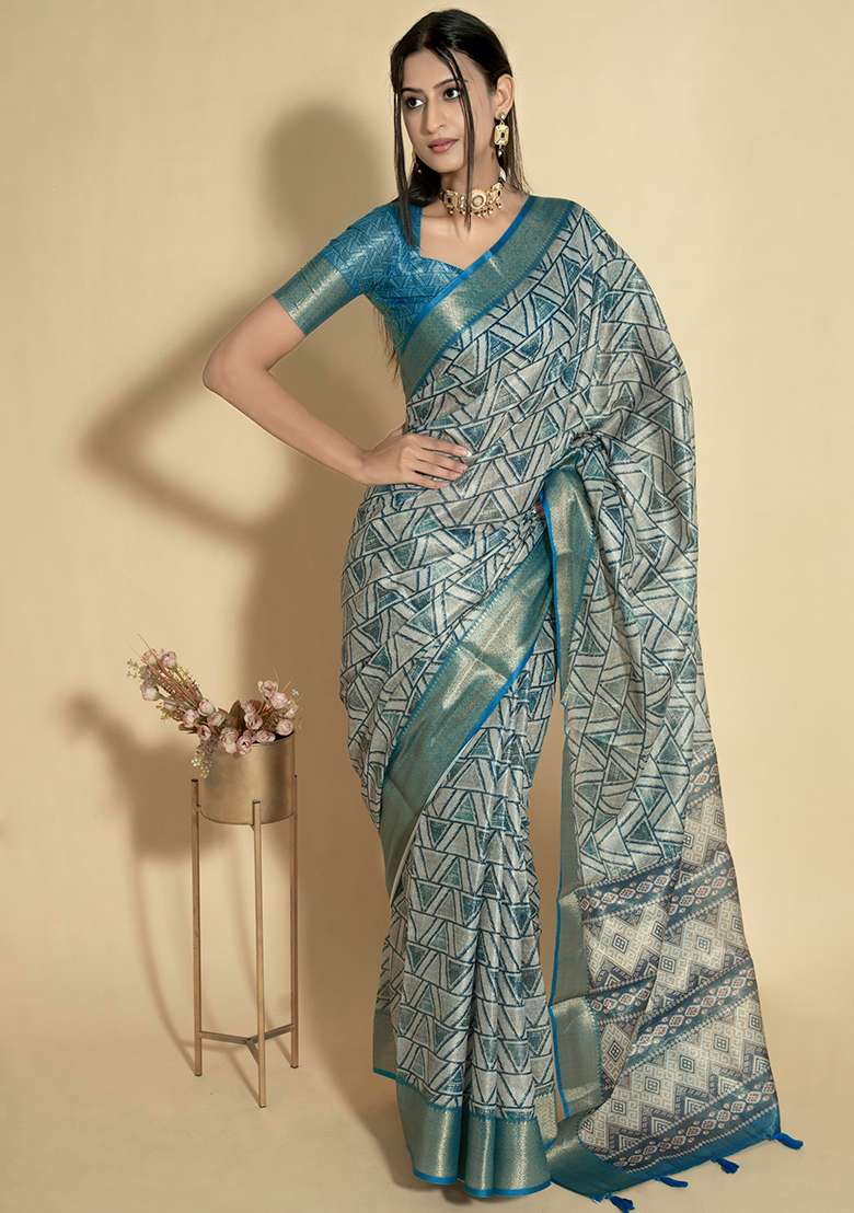 Turquoise Printed Polyester Saree Set - Indya