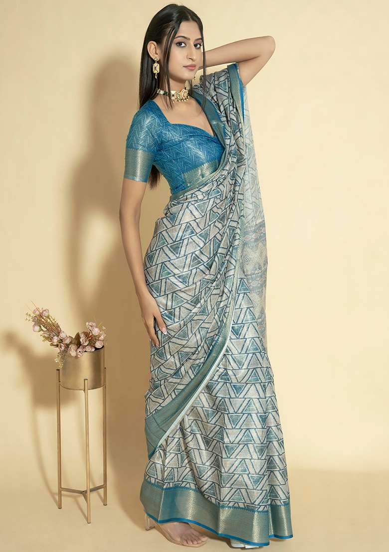 Turquoise Printed Polyester Saree Set - Indya