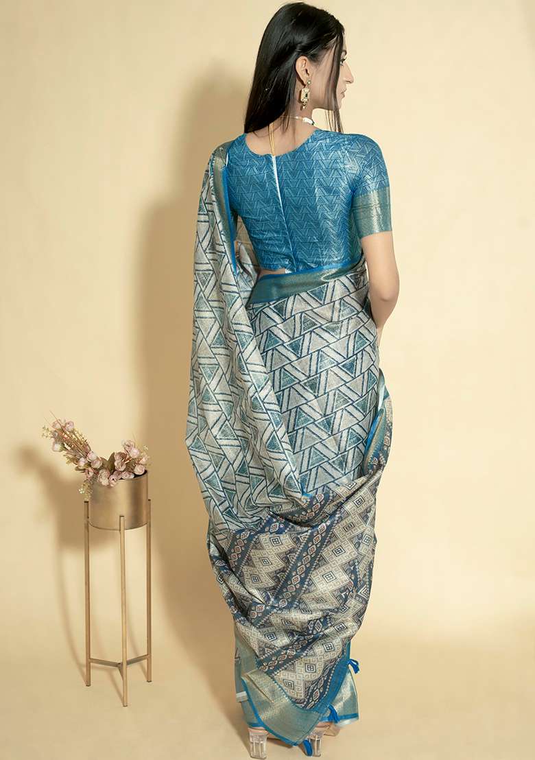 Turquoise Printed Polyester Saree Set - Indya